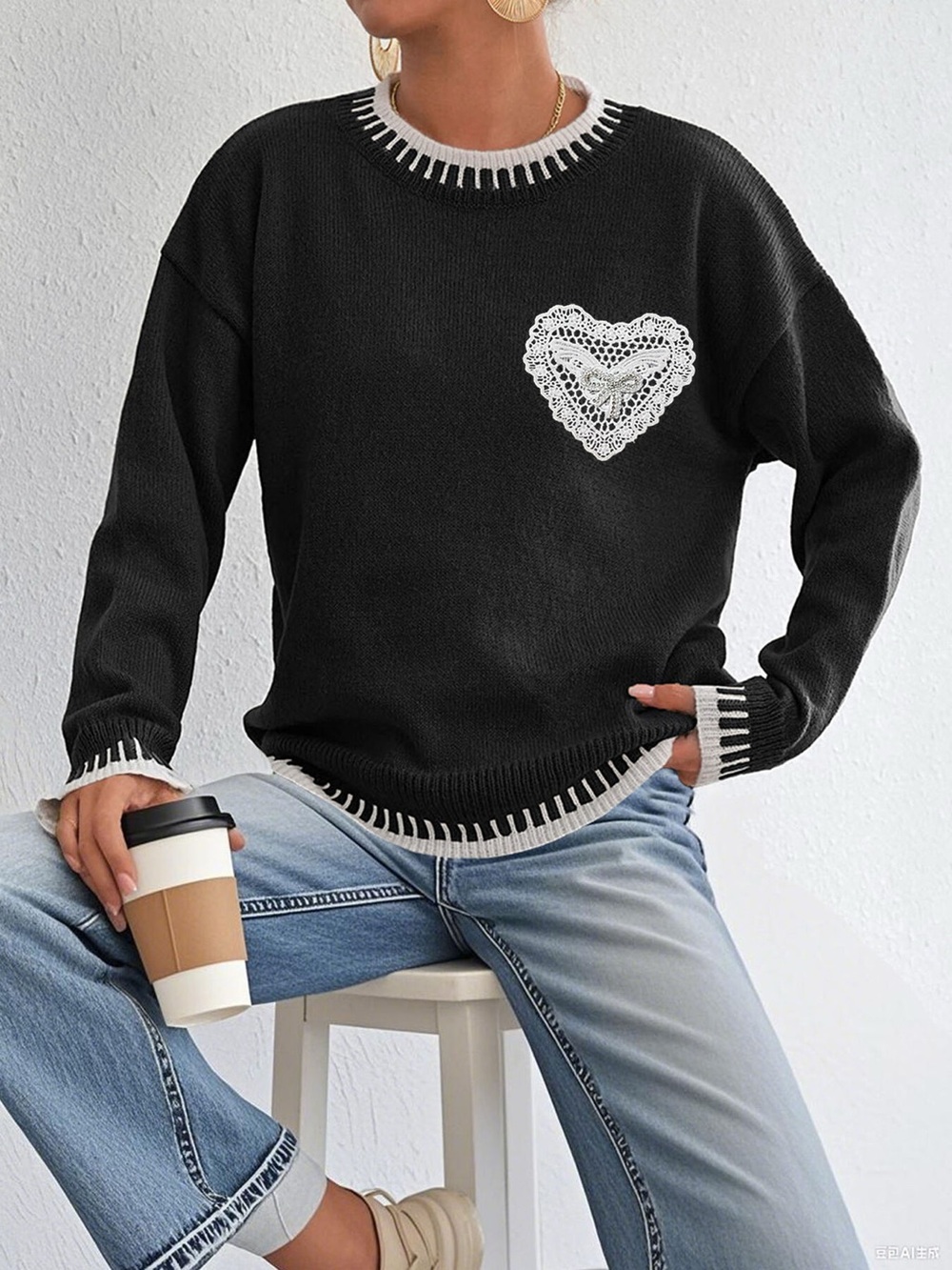 Lace Heart Contrast Trim Sweater